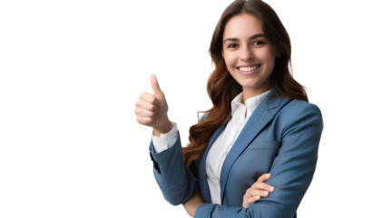 a photo of a happy woman in a blue blazer giving a thumbs-up gesture, isolated on a transparent background.