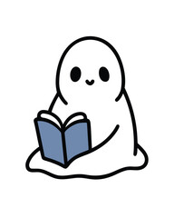 Cute cartoon ghost reading a book