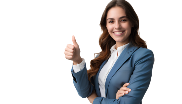 a photo of a happy woman in a blue blazer giving a thumbs-up gesture, isolated on a transparent background.