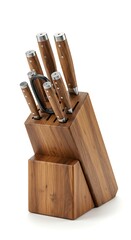 A modern kitchen knife set with light brown wooden handles and a matching wooden storage block, isolated on a white background.