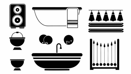 Illustration of a bathroom interior with a speaker bathtub sink and other bathroom accessories | editable eps vectors silhouette