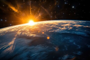 Breathtaking view of Earth from space with a radiant sunrise illuminating the planet's atmosphere