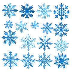 Fototapeta premium A grid of various detailed, stylized, blue snowflakes