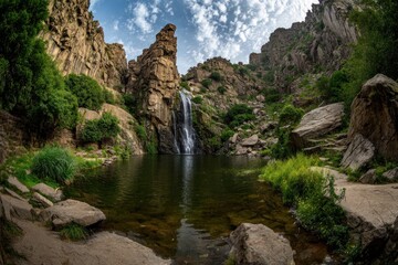 Obraz premium A tranquil waterfall cascades into a serene mountain pool, surrounded by lush greenery and dramatic rock formations.