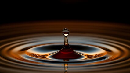 A droplet of a dark beverage creating a ripple, backlit with golden light.