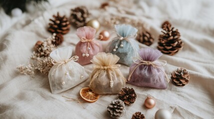 Fototapeta premium Decorative Christmas gift wrapping with organza bags and holiday accents in a festive setting during the winter season