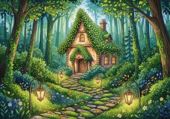 Fototapeta premium Enchanting illustration of a cozy, mosscovered cottage nestled deep within a magical, sundappled forest