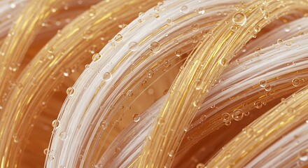 Close-up of translucent golden fibers with water droplets