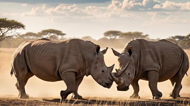 Powerful rhinos interacting in the wild savanna, creating dynamic wildlife video footage
