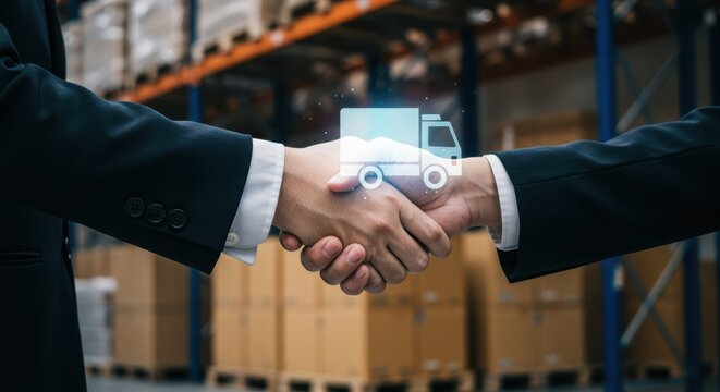 Close-up shot of a handshake against the backdrop of a modern automated high-tech logistics warehouse. Above the handshake, a holographic truck icon symbolizing the implementation