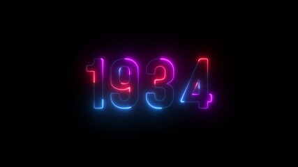 1934 neon line text. Abstract 1934 neon text animation ,For neon color Glowing neon number text background. 1934 title metal text on glowing text animation black background. glow old years animations