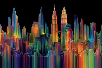 Obraz premium A futuristic cityscape of Kuala Lumpur reimagined with towers melting and reshaping into vibrant rainbow liquid ribbons, glowing textures, surreal abstract art style, high resolution, black background