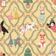 Christmas Cats Seamless Pattern with Vintage Frames, Holiday Ornaments, Trees, Bells, and Festive Elements Digital Paper