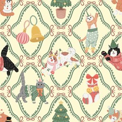 Christmas Cats Seamless Pattern with Vintage Frames, Holiday Ornaments, Trees, Bells, and Festive Elements Digital Paper