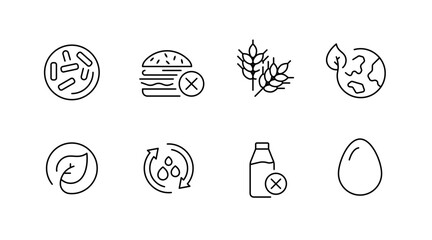 Allergy awareness outline icons set – linear, line, health and dietary symbols
