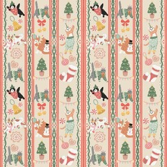Christmas Cats Seamless Pattern with Vintage Frames, Holiday Ornaments, Trees, Bells, and Festive Elements Digital Paper
