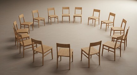 Empty Wooden Chairs Arranged in Circular Formation in Bright Room