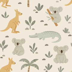 Australian animals seamless pattern design. Repeat pattern. Watercolour illustration
