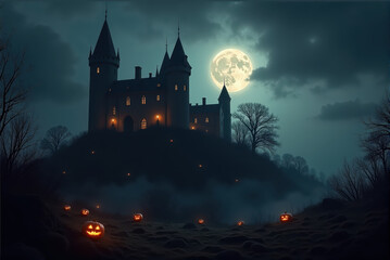 Spooky castle hill, glowing Halloween pumpkins, mist, full moon, dramatic clouds, autumn night, eerie silhouette, isolated, mysterious ambiance, conceptual holiday art.