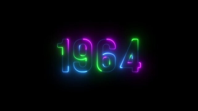 1964 neon line text. Abstract 1964 neon text animation ,For neon color Glowing neon number text background. 1964 title metal text on glowing text animation black background. glow old years animations