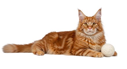 Fluffy ginger Maine Coon cat with tufted ears, golden eyes, bushy tail, elegantly reclining on a transparent background with a wool ball, high-end pet catalog concept.