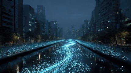 collective. A luminous highway of migratory birds and butterflies creating a bioluminescent river between skyscrapers. ESG reports.