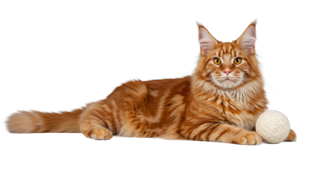 Fluffy ginger Maine Coon cat with tufted ears, golden eyes, bushy tail, elegantly reclining on a transparent background with a wool ball, high-end pet catalog concept.