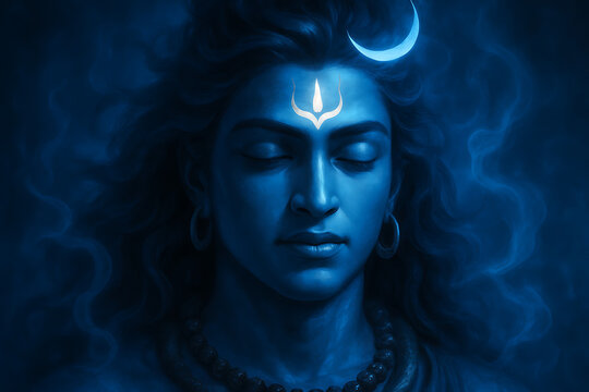 A striking close-up of lord shiva's face with his third eye and crescent moon, radiating tranquility and divine energy, fitting for mahashivratri