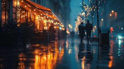 Romantic Christmas Night Stroll with City Lights and Reflections on Wet Pavement in Rainy Urban Street, Couple Walking Hand in Hand through the Beautiful Glowing Streets of the City at Night