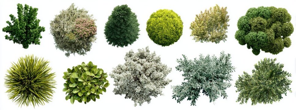 Top view of various bushes, shrubs, and flowers in landscape design on a white background, flat lay.