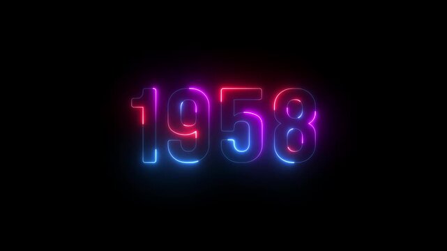 1958 neon line text. Abstract 1958 neon text animation ,For neon color Glowing neon number text background. 1958 title metal text on glowing text animation black background. glow old years animations
