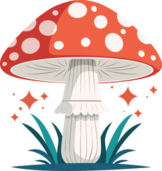Illustration of a red and white spotted toadstool mushroom with grass and sparkling stars around it.