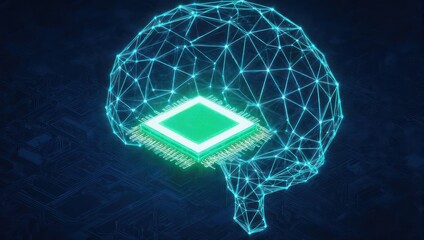 A glowing, abstract brain with a glowing green circuit chip inside, set on a dark background circuit board