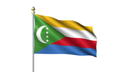 Waving Comoros national flag on flagpole with transparent background