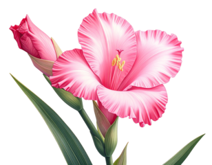 Close-up of a vibrant pink gladiolus flower with two buds and leaves.  Detailed illustration shows ruffled petals, stamen, and foliage