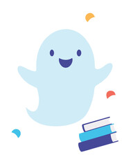 Cute cartoon light blue ghost with books and confetti