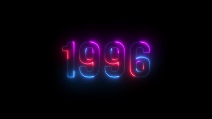 1996 neon line text. Abstract 1996 neon text animation ,For neon color Glowing neon number text background. 1996 title metal text on glowing text animation black background. glow old years animations