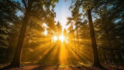 Enchanting forest sunrise timelapse with sunbeams piercing through dense tree canopy woodland, enchanting, natural - Powered by Adobe