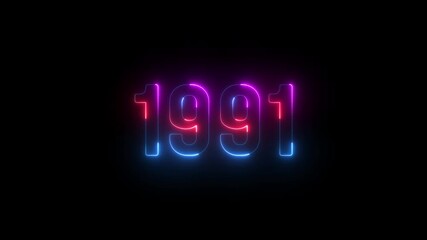 1991 neon line text. Abstract 1991 neon text animation ,For neon color Glowing neon number text background. 1991 title metal text on glowing text animation black background. glow old years animations