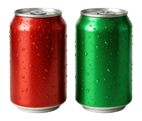 Two chilled soda cans with water droplets.