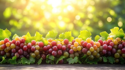 Fototapeta premium Fresh red and yellow grapes with leaves on a wooden surface, bathed in sunlight.