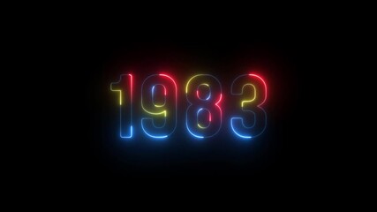 1983 neon line text. Abstract 1983 neon text animation ,For neon color Glowing neon number text background. 1983 title metal text on glowing text animation black background. glow old years animations