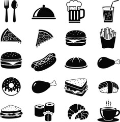 Black Silhouette Vector Icon Set of Food and Drinks with Pizza, Burger, Fries, Donut, Sushi, Beer, and Coffee