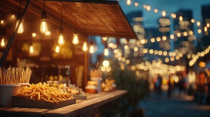 Fototapeta premium Night Market Food Stand with French Fries, Glowing Lights, and Urban Street Food Vibes, Delicious Snack in Cozy Winter Market with City Lights and Outdoor Food Stall