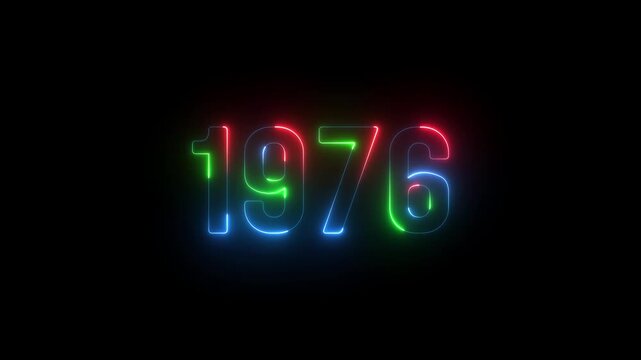 1976 neon line text. Abstract 1976 neon text animation ,For neon color Glowing neon number text background. 1976 title metal text on glowing text animation black background. glow old years animations