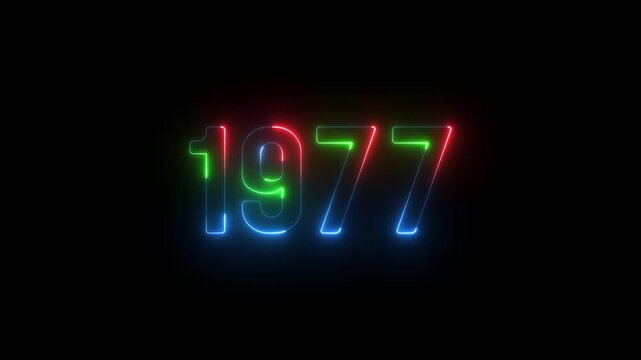 1977 neon line text. Abstract 1977 neon text animation ,For neon color Glowing neon number text background. 1977 title metal text on glowing text animation black background. glow old years animations