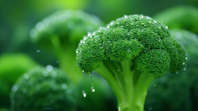 Fresh broccoli floret with dew and waterdrop macro, vibrant green vegetable closeup for healthy diet and longevity, crisp texture freshness natural