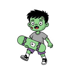 Cute Zombie Boy Skateboarding Illustration