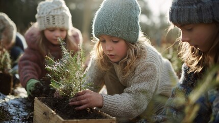 Children participate in eco friendly Christmas activities by planting small trees in a winter setting surrounded by nature