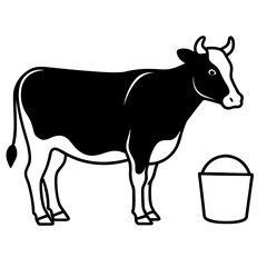 Elegant dairy cow in black and white minimalist design alongside a simple bucket illustration
